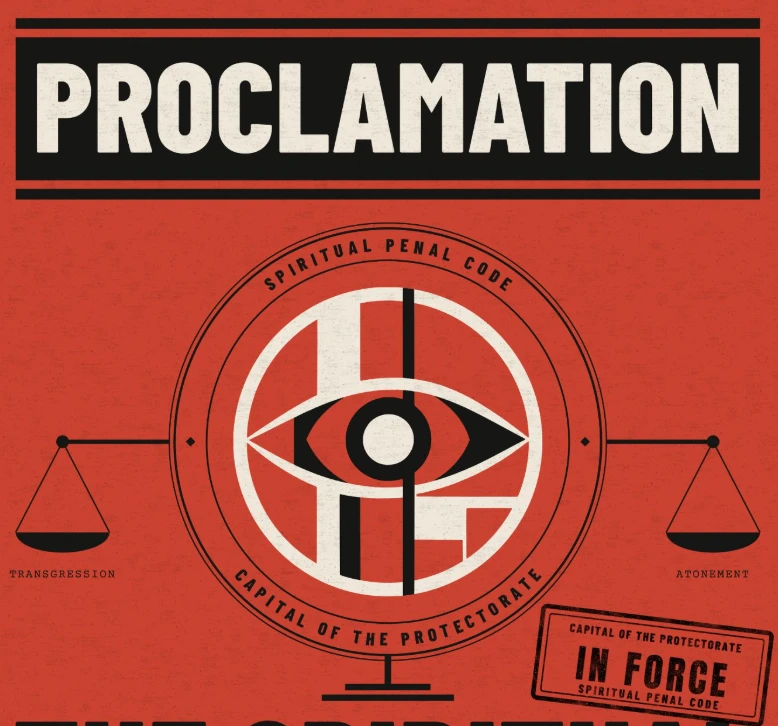 Proclamation poster: the Spiritual Penal Code is in force in the Capital of the Protectorate